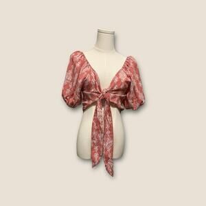 Macron Women’s Wrap Top Puff Sleeve Blouse Pink Pattern XS-Tie Front or Back